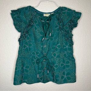 Anthropologie Maeve Ruffled Button Down Green Blouse with Embroidery Size XS